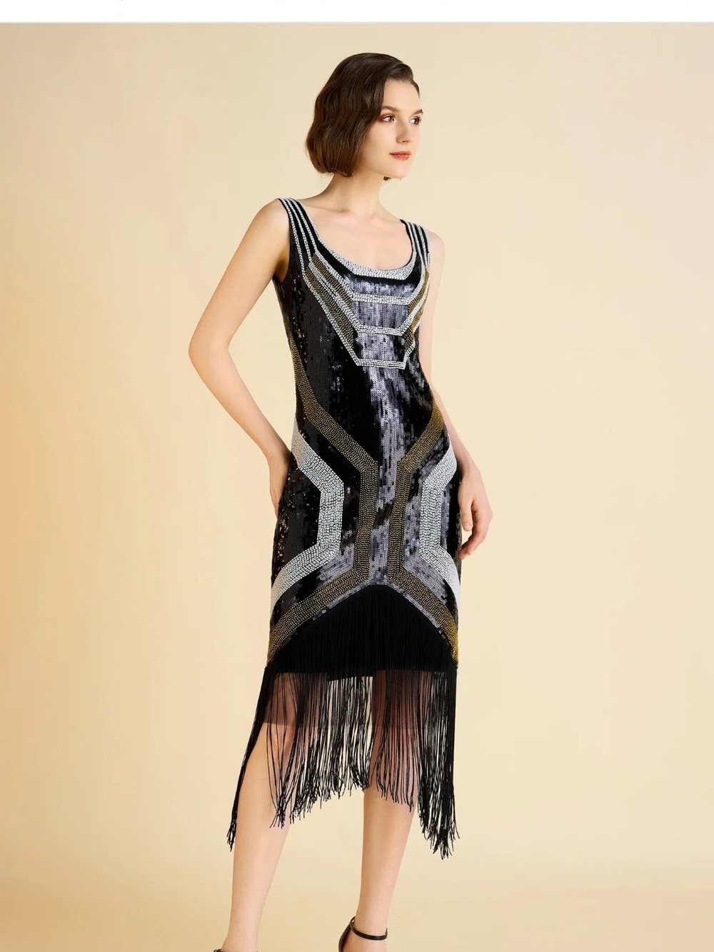 Black Sequin Fringe Art Deco Midi Dress